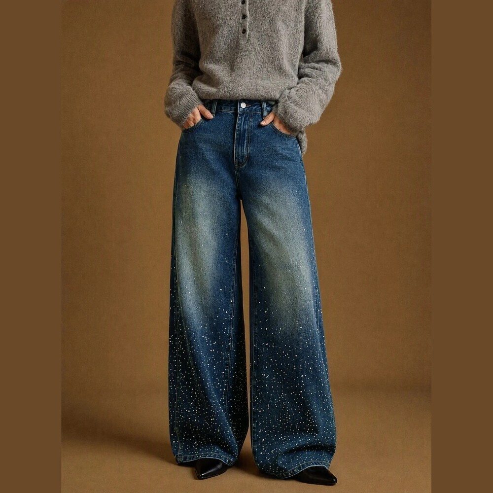 Blue Rhinestone Splatter High Waist Wide Leg Jeans